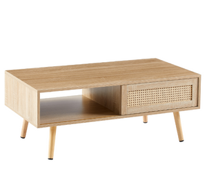 Rattan Coffee Table with Sliding Doors & Open Storage Shelf, Mid-Century Center Table for Small Space, Natural