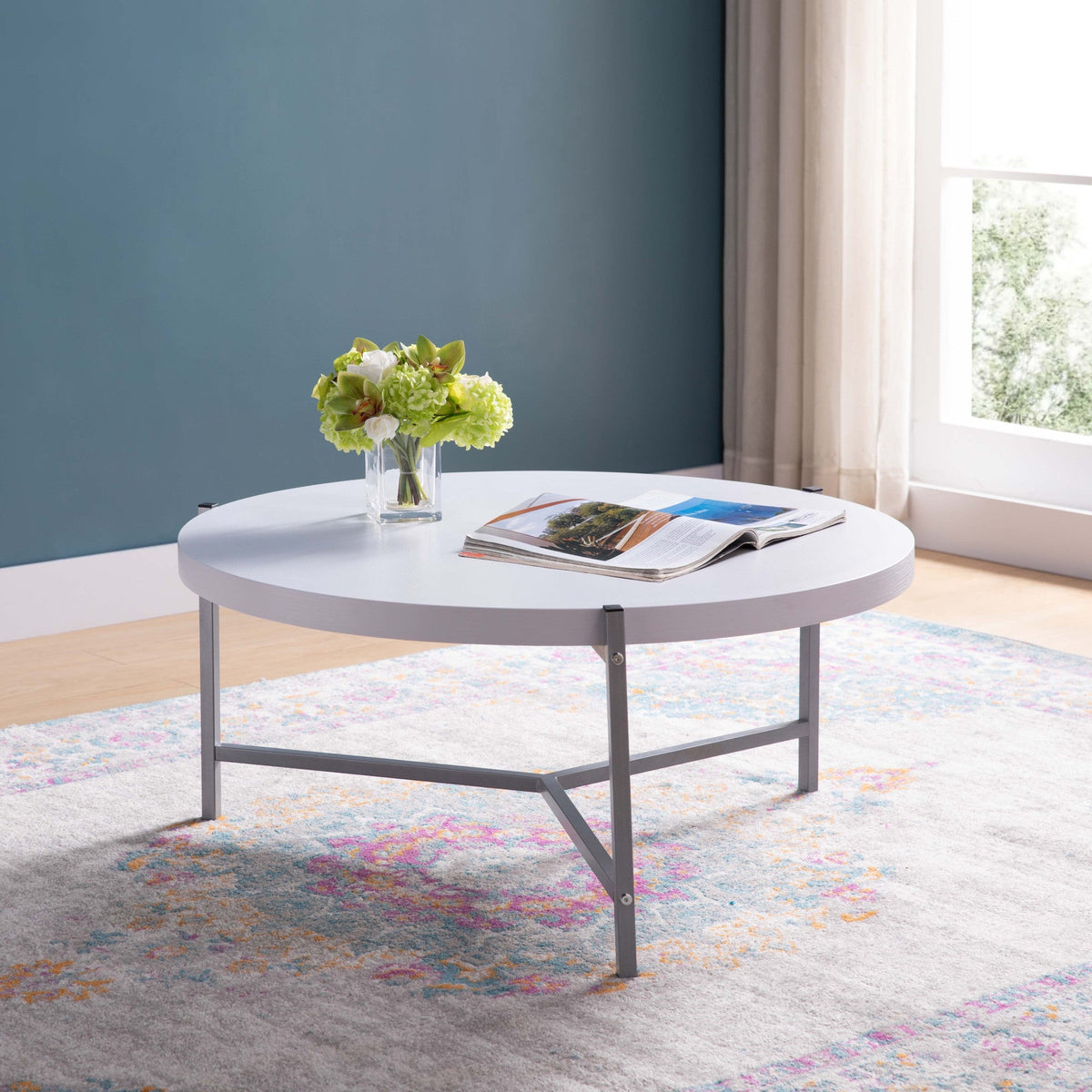 HMS 37\" White and Silver Round Coffee Table with Wood and Stainless Steel Finish