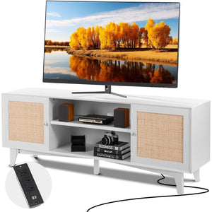 Modern 75in TV Stand Rattan Door 2 Shelves Build-in Socket Storage Cabinet White Entertainment Center for Living Room Media Room