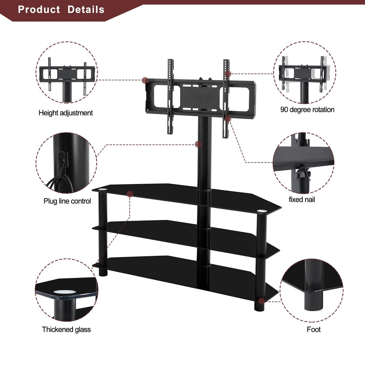 Black Multi-function TV Stand Height Adjustable Bracket Swivel 3-Tier for Living Room Furniture