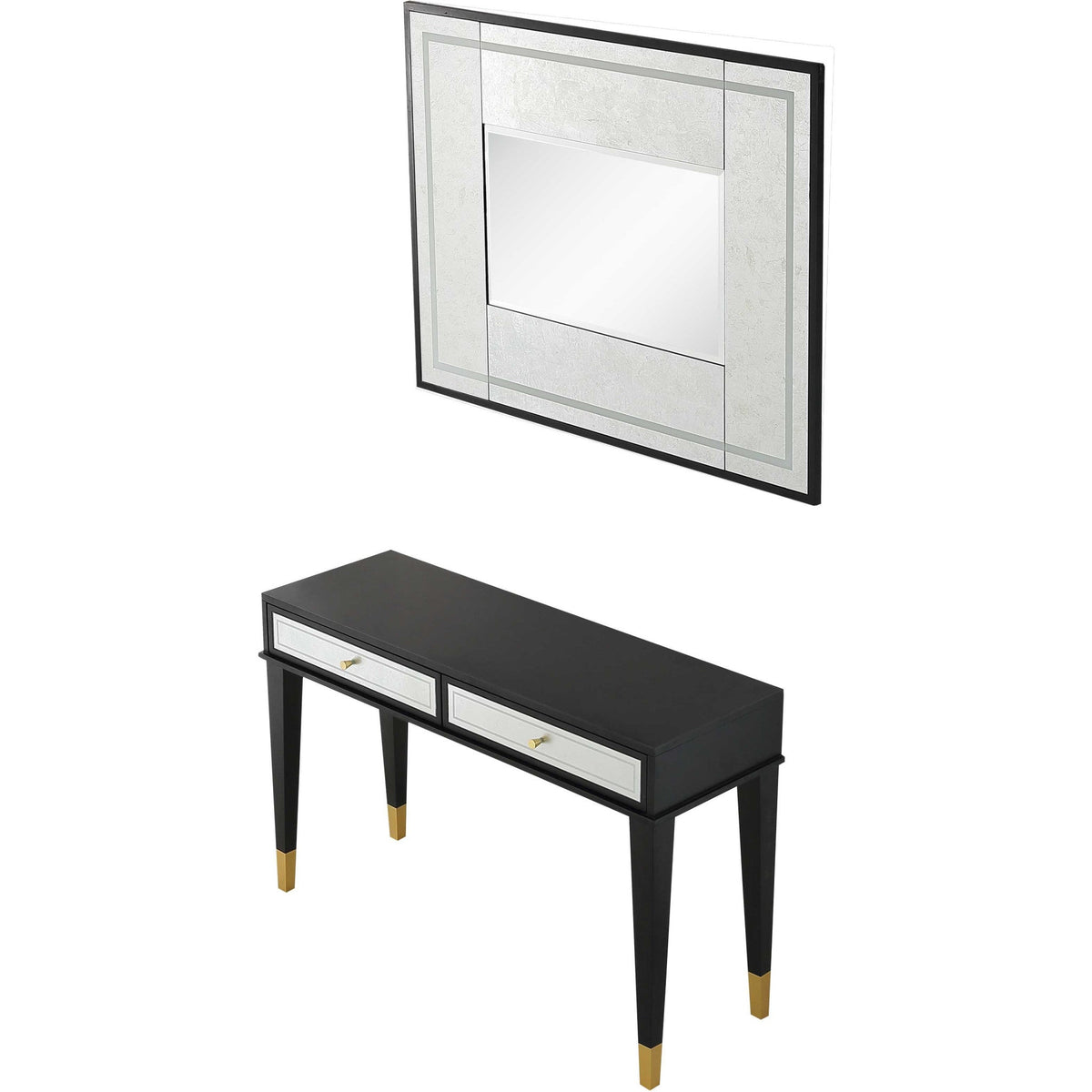 HMS 47\" Black and Silver Mirrored Wood and Glass Console Table with Two Drawers