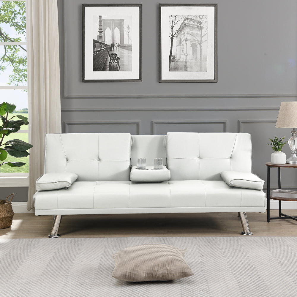 Sofa Bed with Armrest Two Holders WOOD FRAME, STAINLESS LEG, FUTON BROWN PVC,DARK BROWN