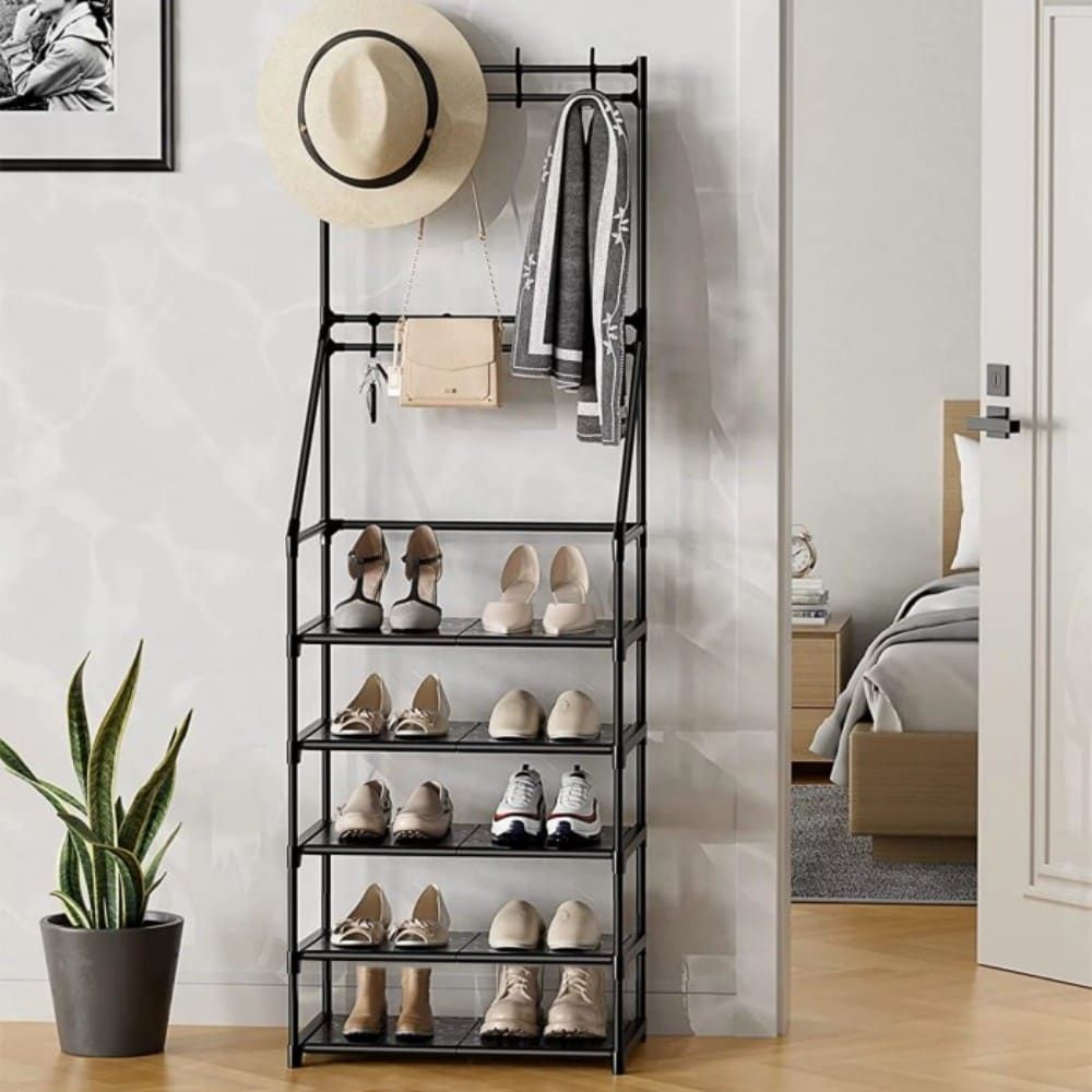 5-Tier Narrow Entryway Shoe Rack with 8 Hooks Cozy Coat and Shoe Storage Solution