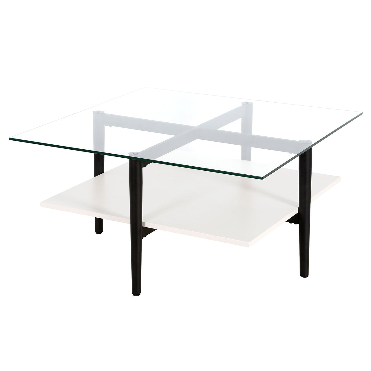 HMS 32\" White and Black Glass and Steel Square Coffee Table with Shelf