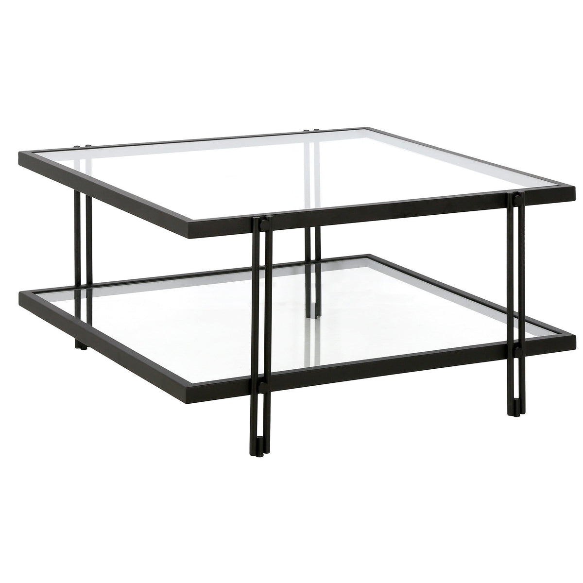 HMS 32\" Clear and Black Glass and Steel Square Coffee Table with Shelf