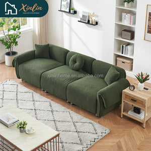 Free Shipping Modern 112-Inch Orange Teddy Velvet Fabric with 3 Wooden Pillows for Three-Seat Sofa in Living Room