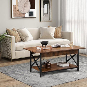 2-Tier Industrial Rectangular Coffee Table with Practical Storage Shelf