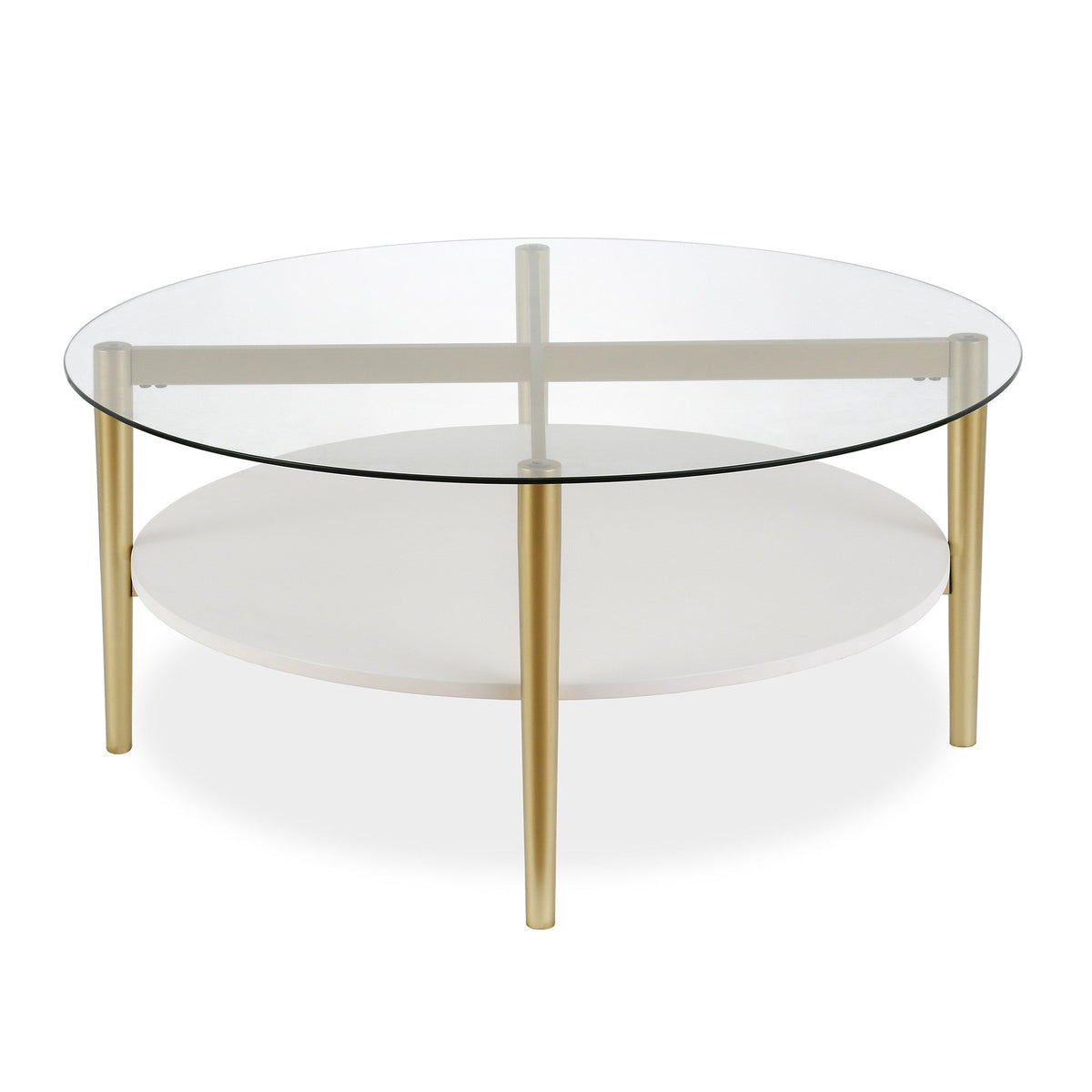 HMS 36\" Clear and Gold Glass and Steel Round Coffee Table with Shelf