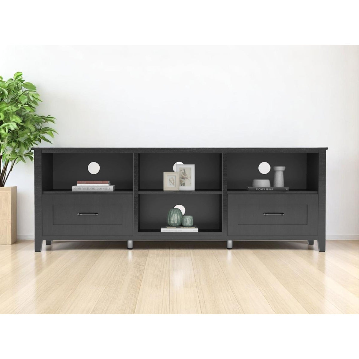 HMS 70 Black MDF Wood TV Stand Contemporary Design Enclosed and Open Storage TV Console for Living Room or Farmhouse Use