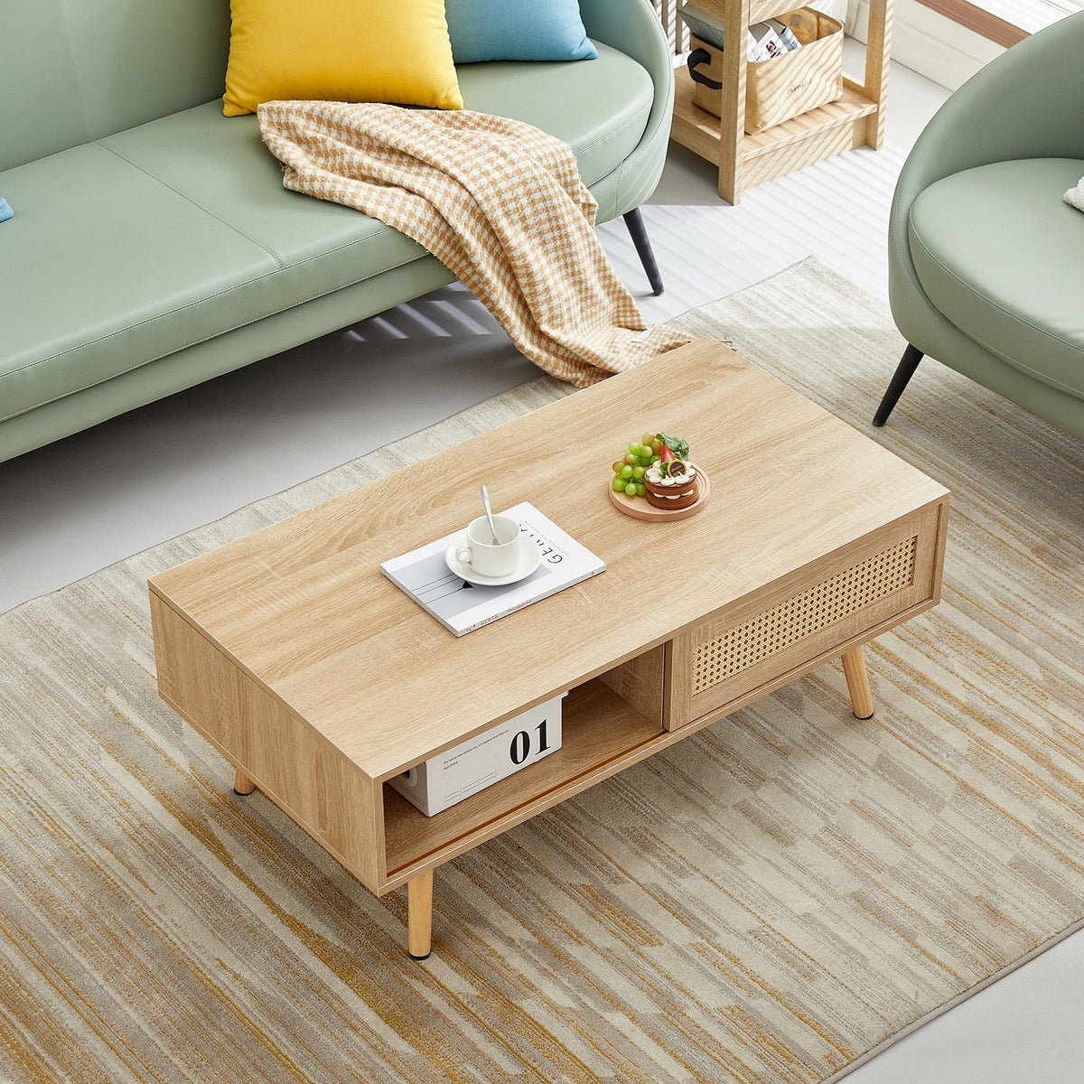 Rattan Coffee Table with Sliding Doors & Open Storage Shelf, Mid-Century Center Table for Small Space, Natural