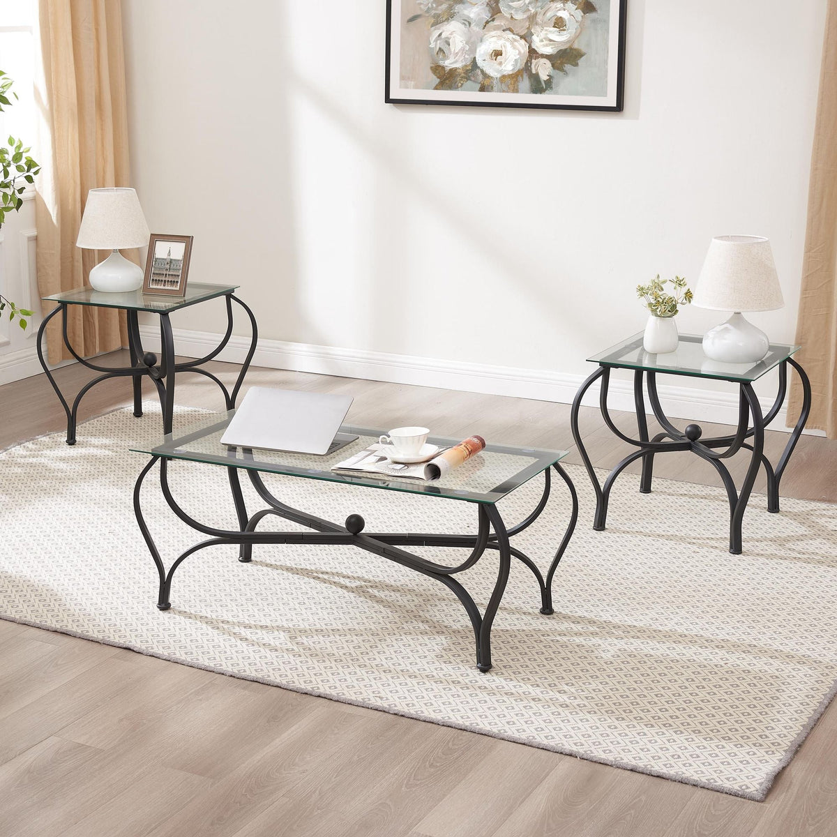 3-Piece Tempered Glass Coffee Table Set White Icon with 1 Coffee Table & 2 End Side Table for Living Room