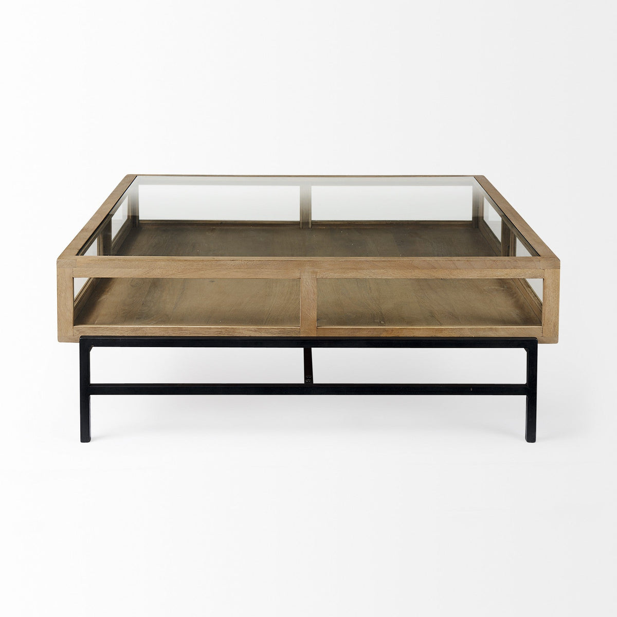 HMS 42\" Clear and Black Glass and Metal Square Coffee Table with Two Drawers and Shelf
