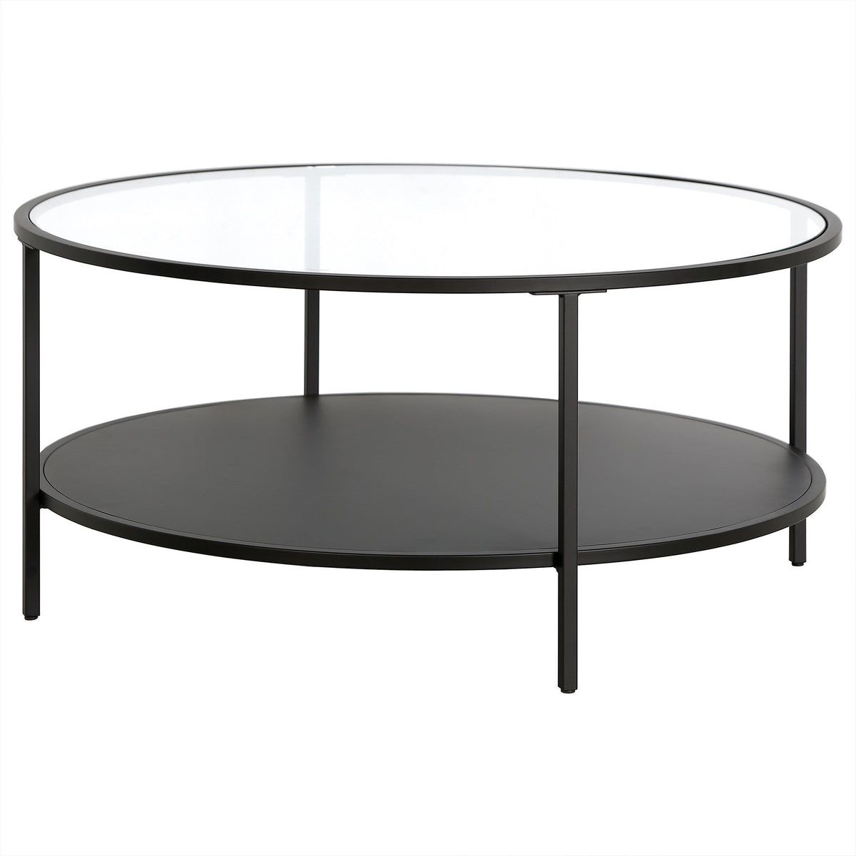 HMS 36\" Farmhouse Style Round Coffee Table with Black Steel Frame Tempered Glass Top Featuring Shelf for Living Room Furniture