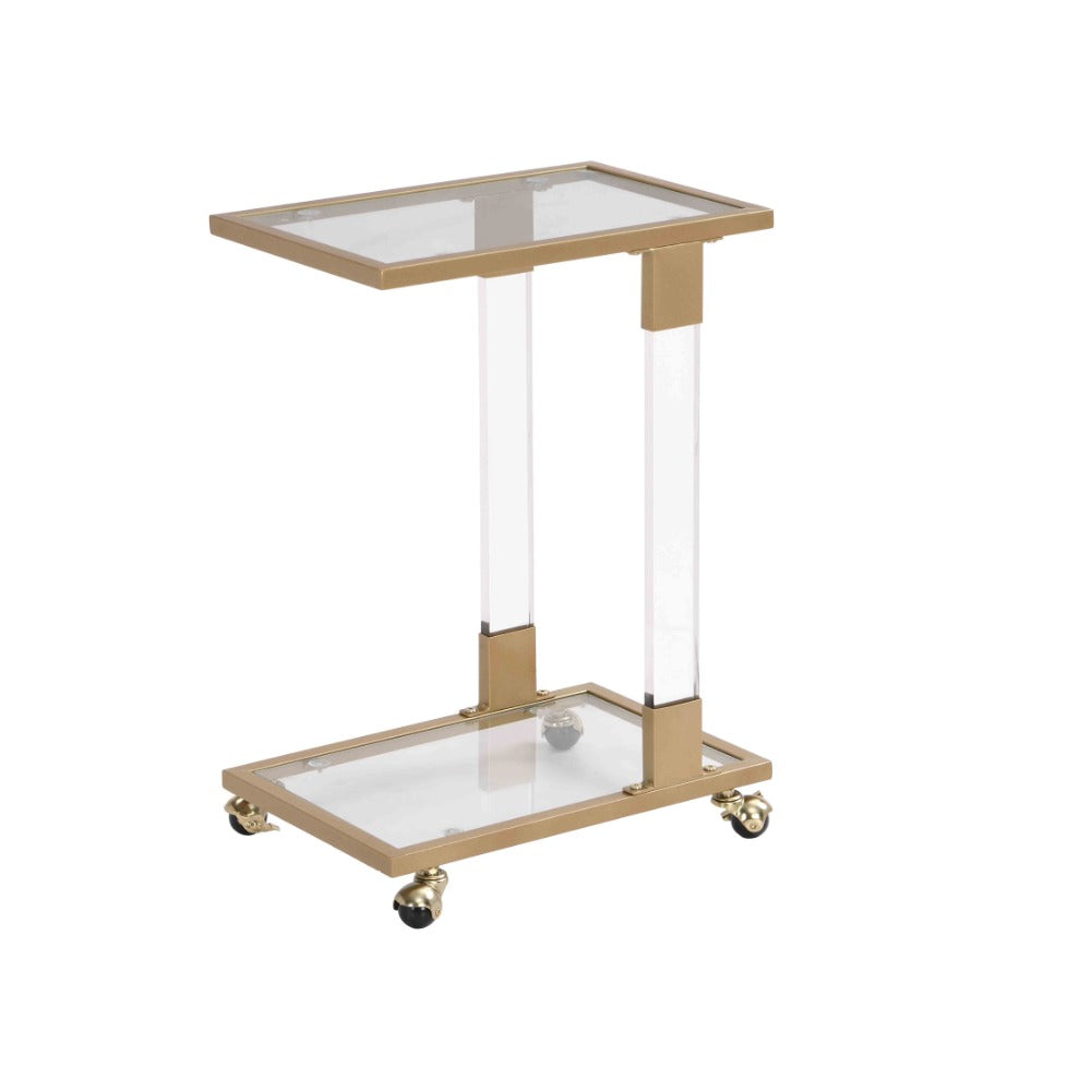 Golden Side Table, Acrylic Sofa Table, Glass Top C Shape Square Table with Metal Base for Living Room