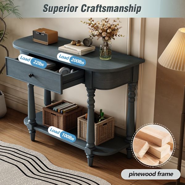 Navy Retro Entryway Console Table with Open Shelf and Top Drawer Narrow Curved Corner Sofa Table for Living Room and Hallway