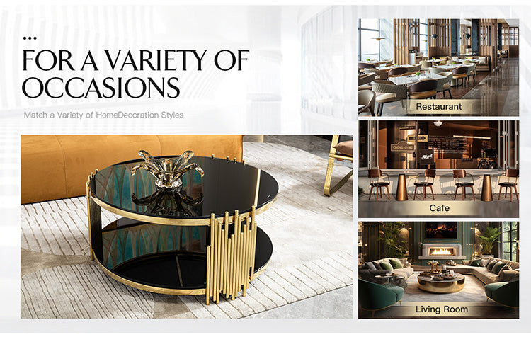 Hotel Luxury Round Shape Glass Top Coffee Table Round for Living Room Black and Gold Home Furniture Stainless Steel Tea Table