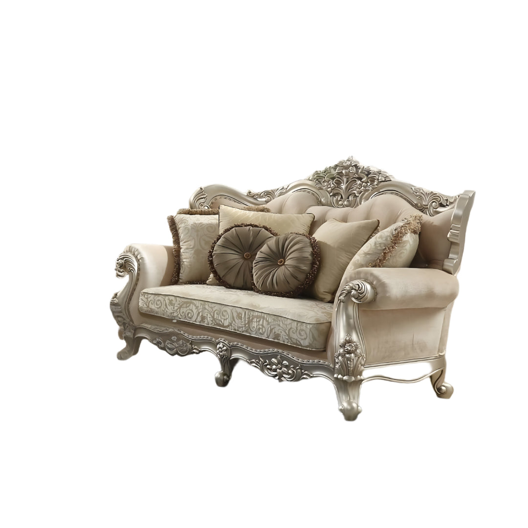 hms 88" Champagne Velvet Curved Floral Sofa And Toss Pillows