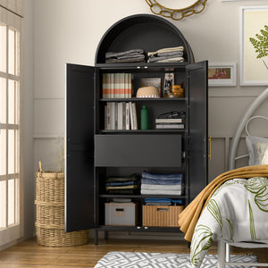 73-inch Tall Metal Arched Cabinet Modern Arch Bookshelf Display Internal Drawers Black FCJ for Home Office Bar Living Room