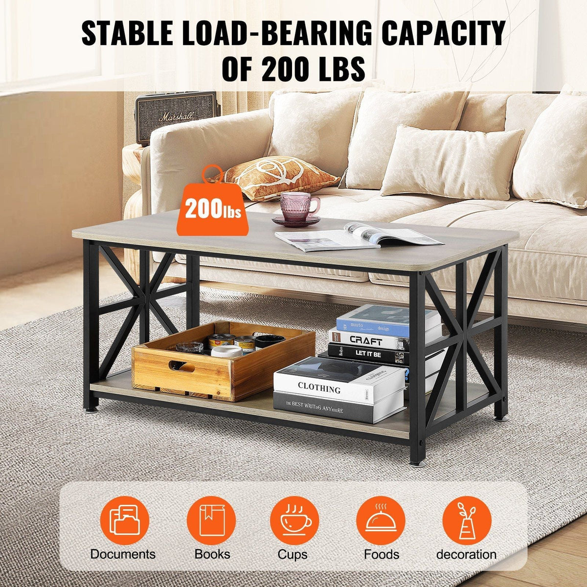 40\" Farmhouse Rectangular Coffee Table Open Storage Compartment Wooden Rustic Style Brown Black for Living Room Bedroom