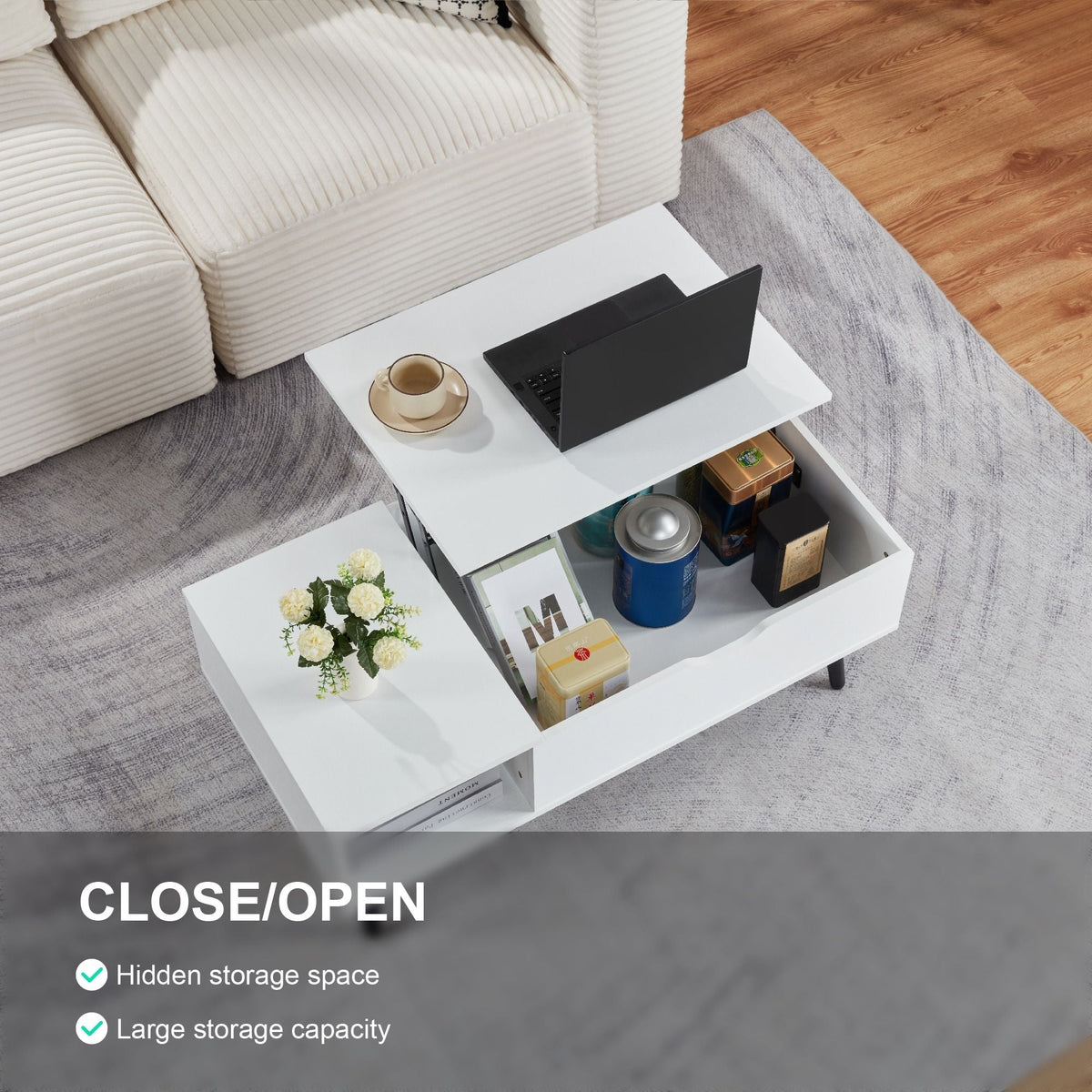 39\" White Lift Top Coffee Table with Hidden Compartment and Storage Shelf for Living Room or Reception Wood Material