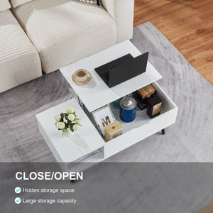 39\" White Lift Top Coffee Table with Hidden Compartment and Storage Shelf for Living Room or Reception Wood Material