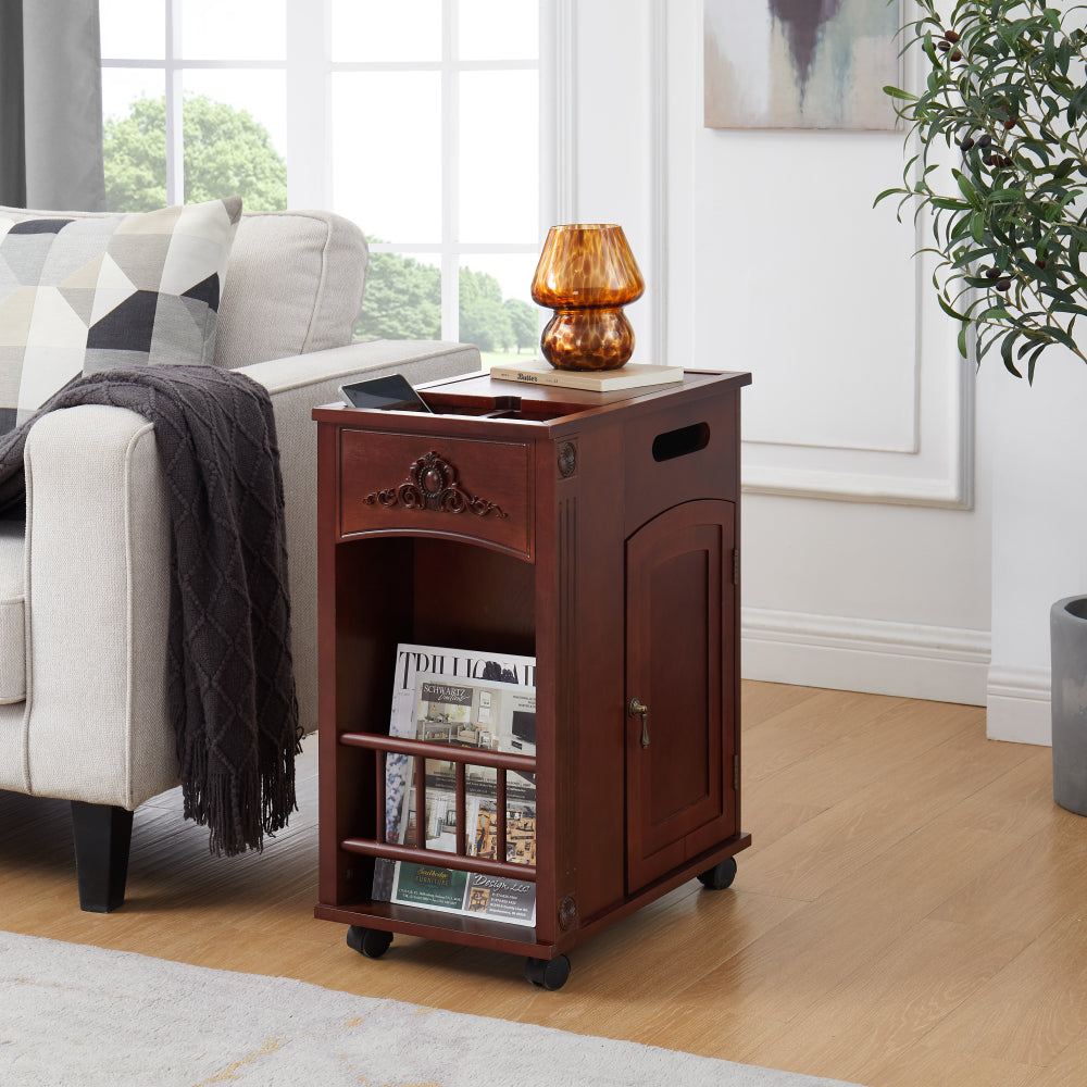Powered Traditional End Table with Charging Station, Narrow Side Table with USB Ports and Outlets, Nightstand with Storage