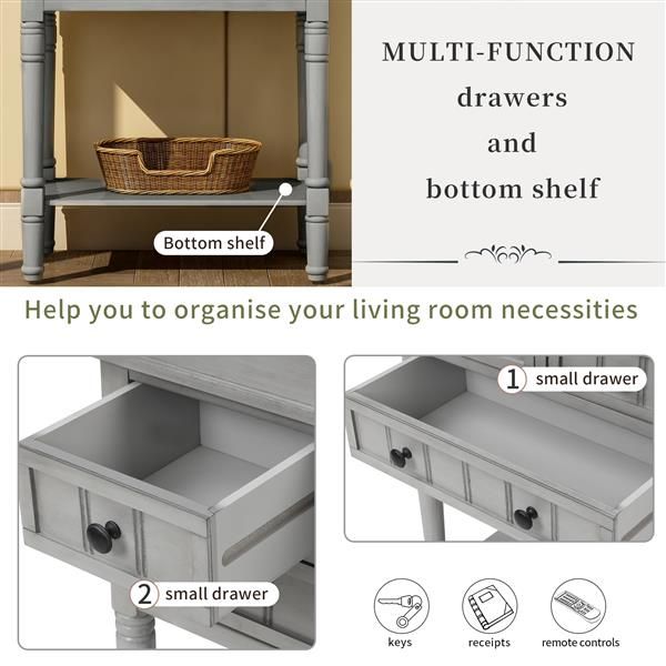 Gray Wash Narrow Console Table with Three Storage Drawers and Bottom Shelf Easy Assembly Slim Sofa Table for Living Room
