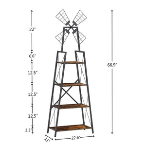 4-Tier Bookshelf with Windmill Metal Frame Display Storage Shelves Bookcase Organizer for Living Room & Home Office