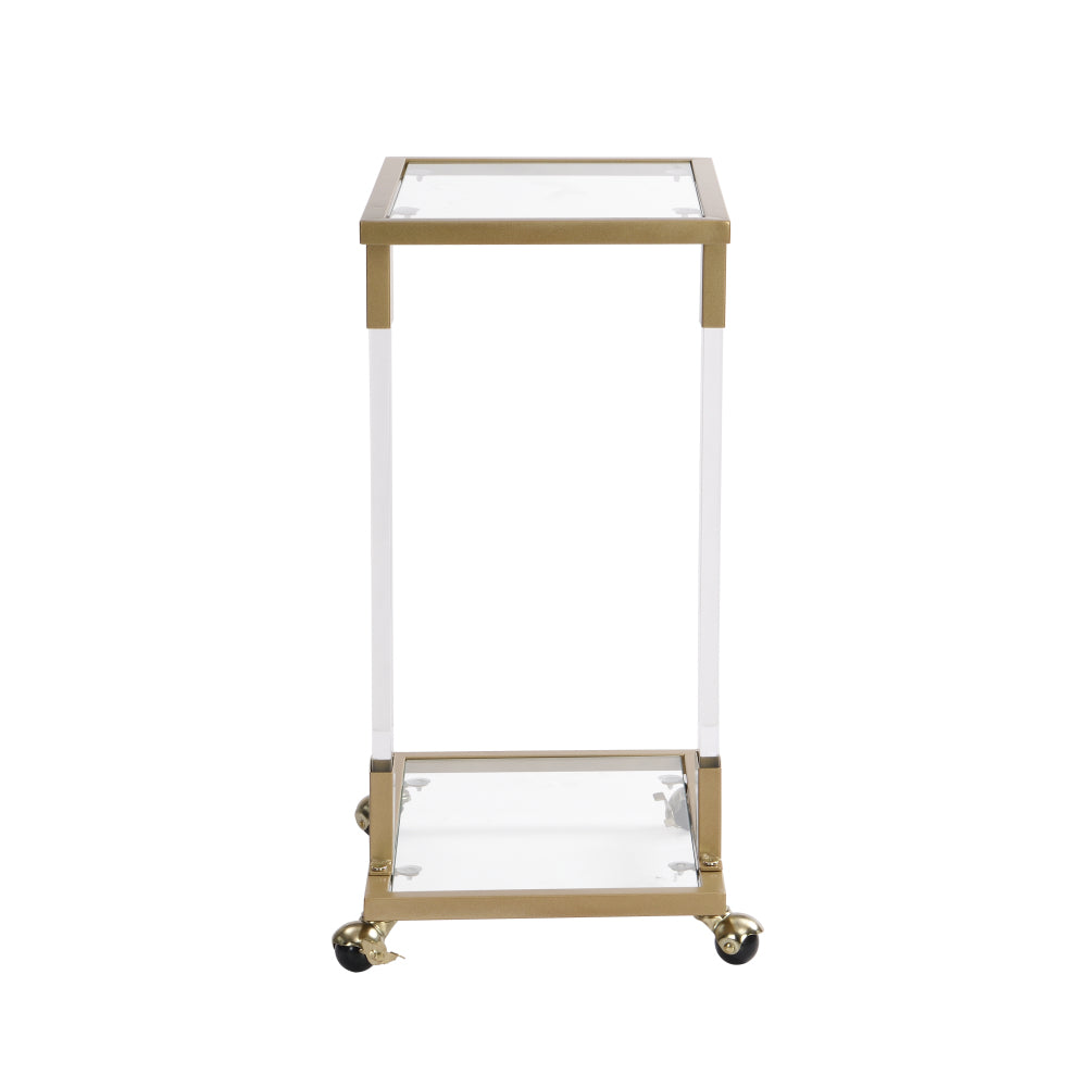 Golden Side Table, Acrylic Sofa Table, Glass Top C Shape Square Table with Metal Base for Living Room