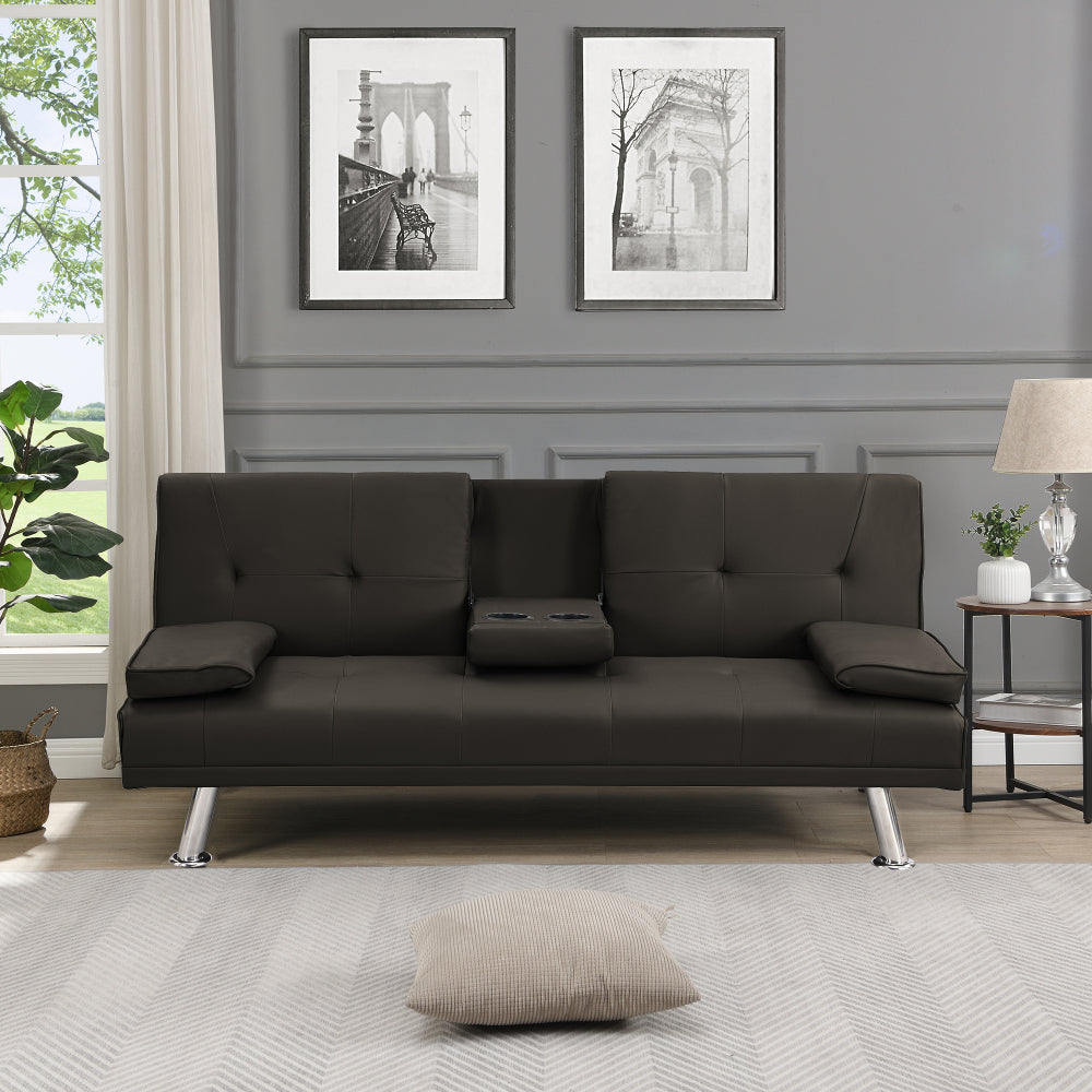 Sofa Bed with Armrest Two Holders WOOD FRAME, STAINLESS LEG, FUTON BROWN PVC,DARK BROWN