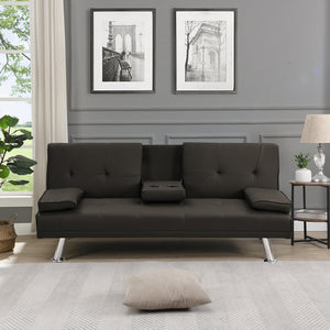 Sofa Bed with Armrest Two Holders WOOD FRAME, STAINLESS LEG, FUTON BROWN PVC,DARK BROWN