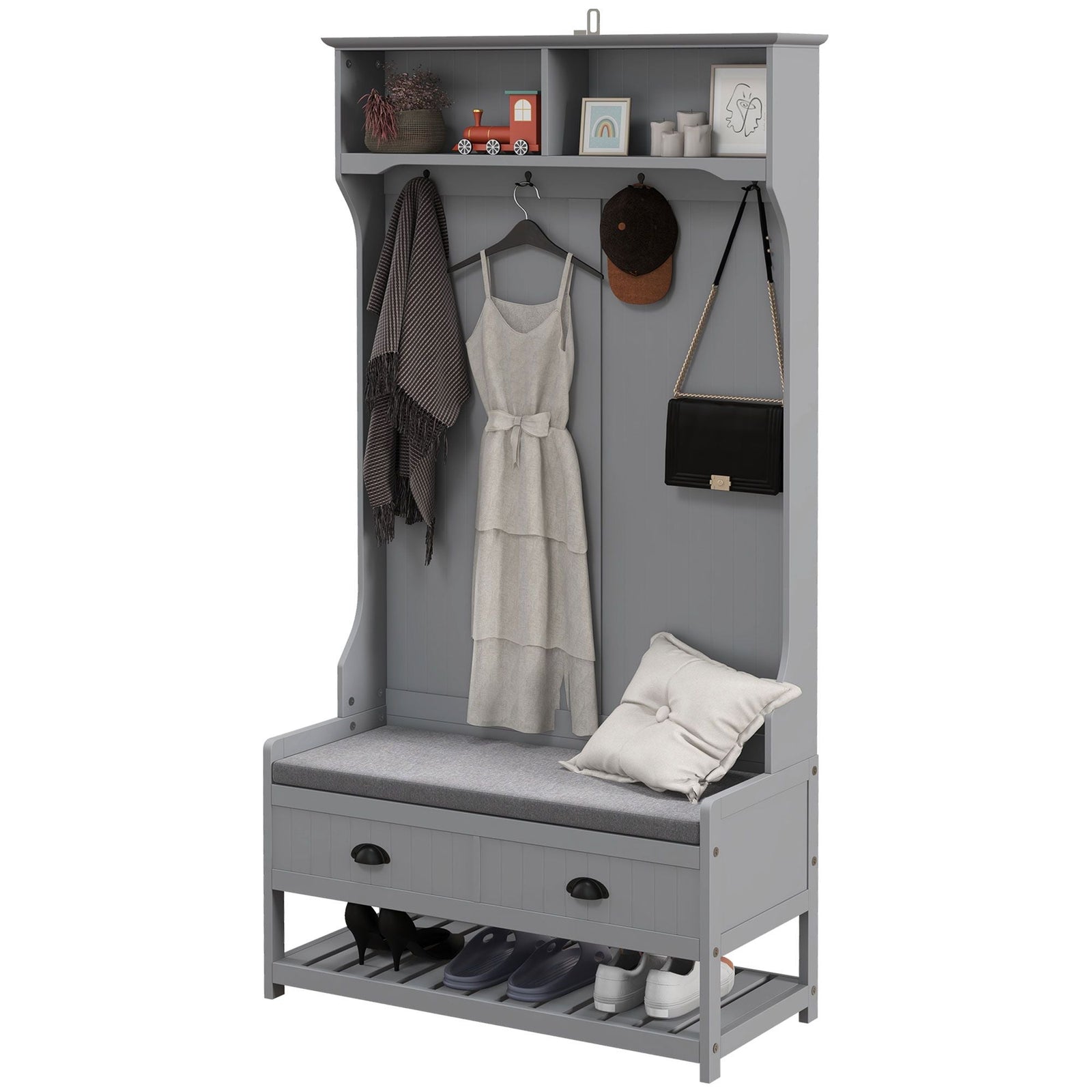 3-in-1 Gray Hall Tree with 2 Storage Drawers and 4 Hooks Entryway Bench Coat Rack and Mudroom Shoe Rack with Cushions