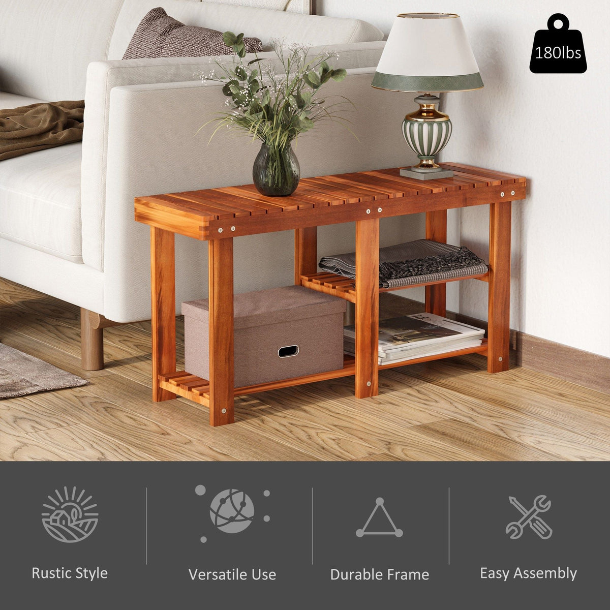 3-Tier Acacia Wood Shoe Storage Bench with Teak Finish for Hallway Shoe and Boot Organizer
