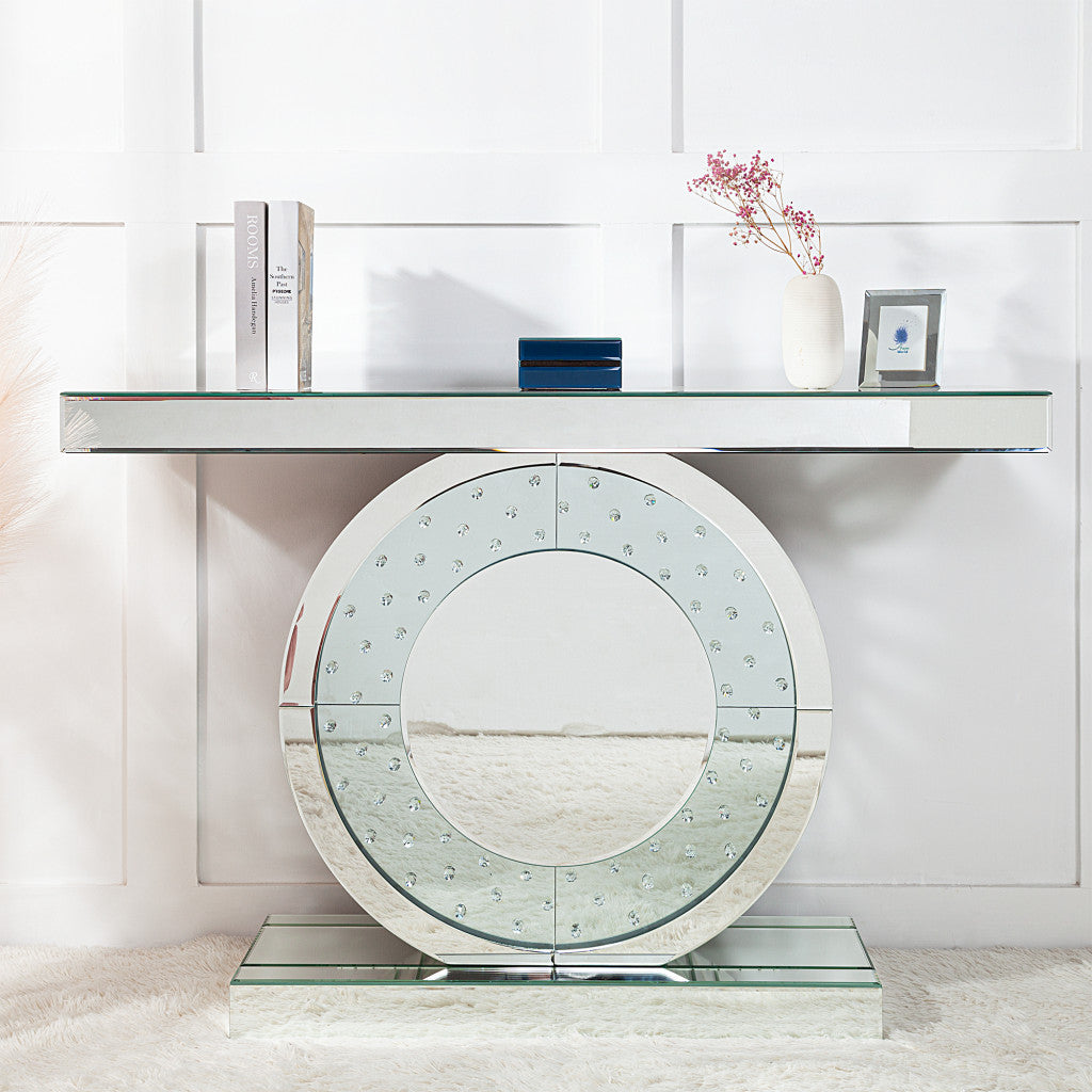 HMS 47\" Contemporary Luxury Silver Mirrored Glass Pedestal Console Table Convertible for Entry Living Room Hotel Bedroom LED