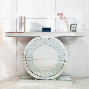 HMS 47\" Contemporary Luxury Silver Mirrored Glass Pedestal Console Table Convertible for Entry Living Room Hotel Bedroom LED