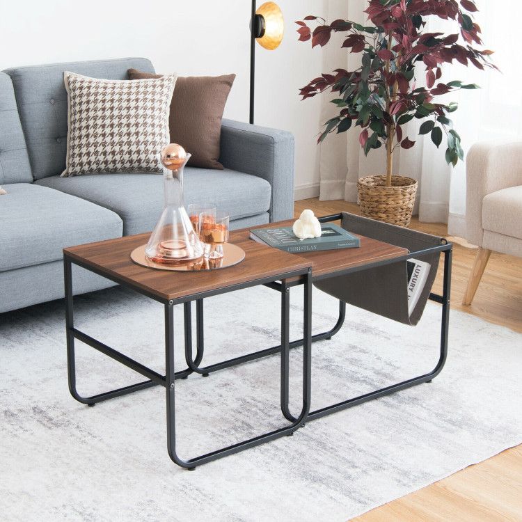 Set of 2 Nesting Coffee Tables with Practical Side Pocket for Living Room or Bedroom