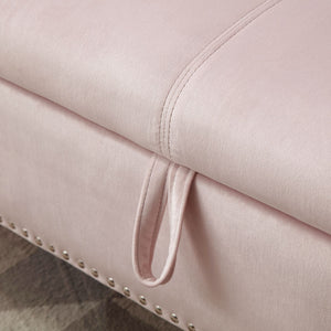 Aijia 63\" Pink Velvet Rectangular Chaise Lounge Stool Multifunctional Storage Tufted Nailhead Trim Solid Wood Legs 1 Pillow