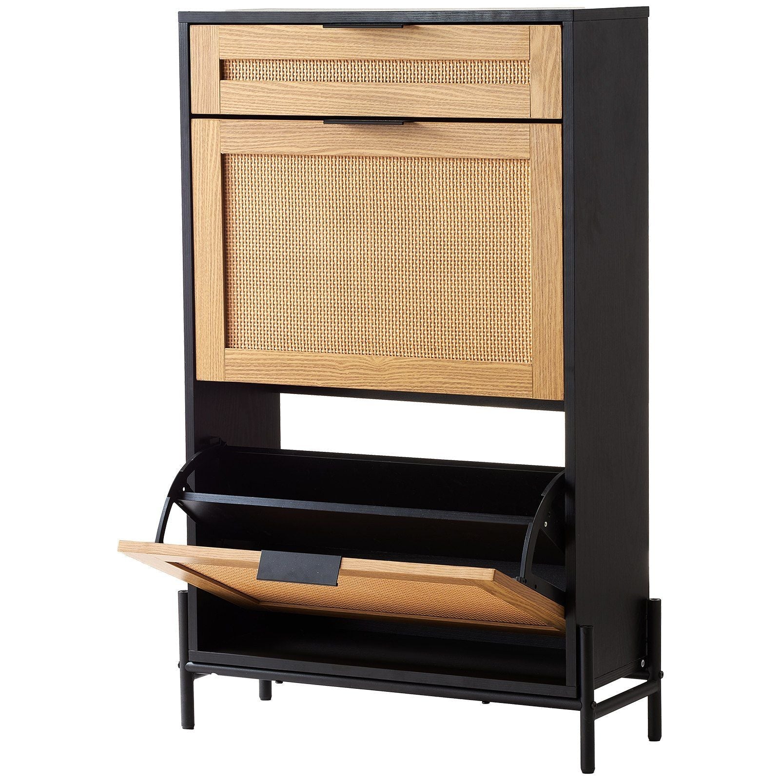 2-Flap Rattan Drawers 1-Slide Drawer Black Metal Legs Slim Narrow Entryway Shoe Storage Organizer Shoe Cabinet
