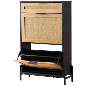 2-Flap Rattan Drawers 1-Slide Drawer Black Metal Legs Slim Narrow Entryway Shoe Storage Organizer Shoe Cabinet