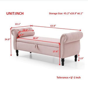 Aijia 63\" Pink Velvet Rectangular Chaise Lounge Stool Multifunctional Storage Tufted Nailhead Trim Solid Wood Legs 1 Pillow