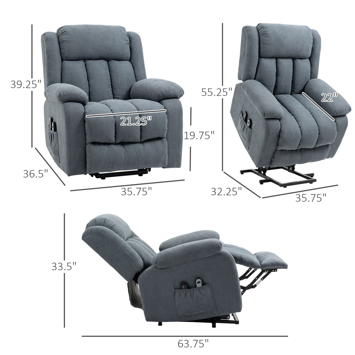 Big and Tall Grey Fabric Recliner with Electric Lift and Massage Remote Control