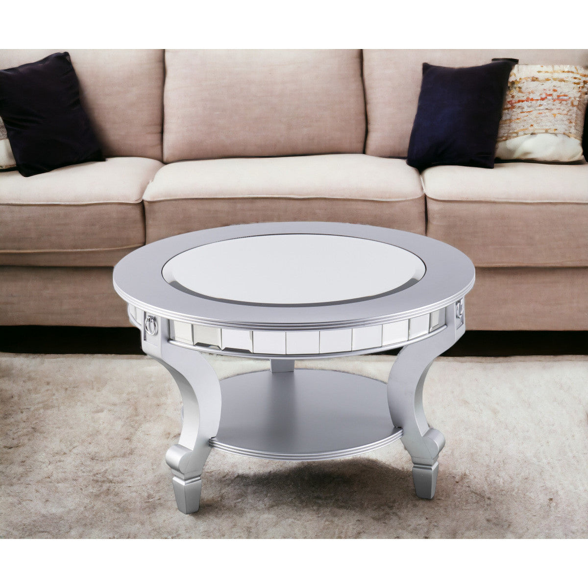 HMS 29-Silver Mirrored Round Coffee Table with Metal Elegant and Stylish Design