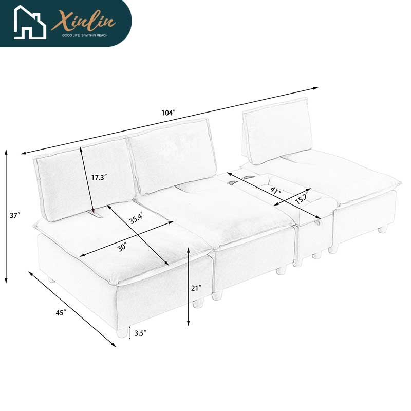 104\" Pumpkin Flannel 3-Seater Modular Sofa Fashion-Minimalist with Storage for Living Room or Outdoor Free Shipping US
