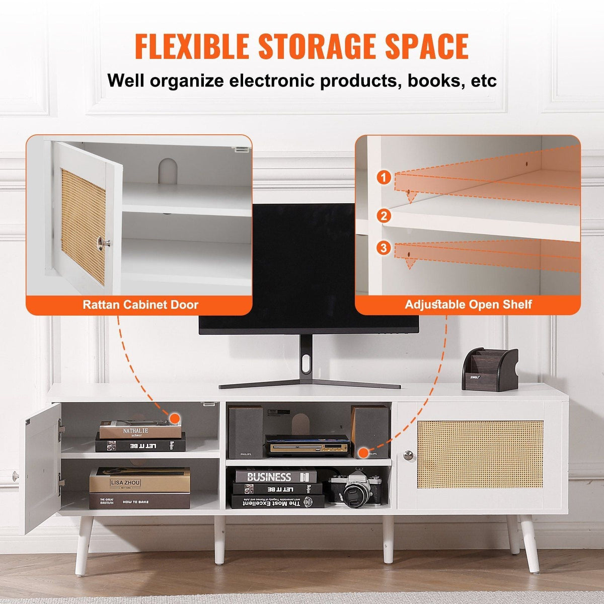 Modern Boho 65-Inch TV Stand Rattan Door White Entertainment Center Living Room Media Room USB Socket Ports for Home Theater