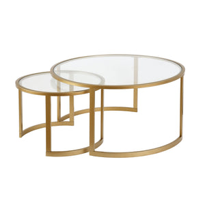 Set of Two Round Gold Glass and Steel Nested Coffee Tables HMS Style