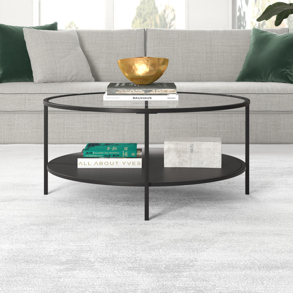 HMS 36\" Farmhouse Style Round Coffee Table with Black Steel Frame Tempered Glass Top Featuring Shelf for Living Room Furniture