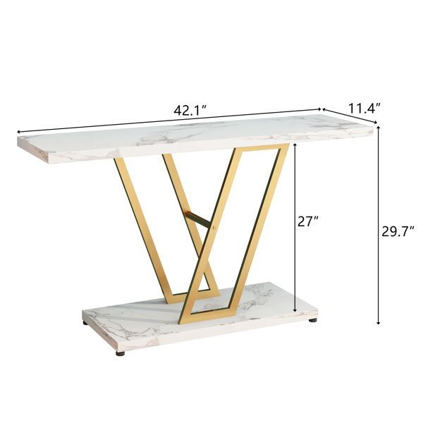 42 Inch Industrial Console Table Easy Assembly Gold/White Metal Frame Entryway Sofa Table Living Room Hallway Table Narrow Table