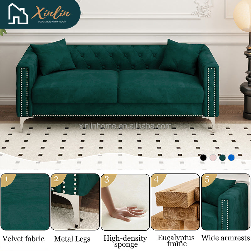 Modern 83-Inch Triple Mid-Century Upholstered Velvet Sofa Free Shipping for Living Room Dining Bedroom Fabric Metal Material