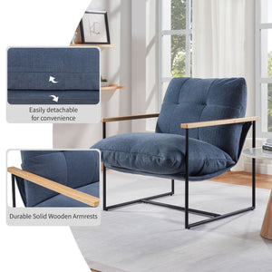 Modern Comfortable Accent Chair with Removable Cushion Blue Vanity Chair with Wood Armrests for Living Room Bedroom