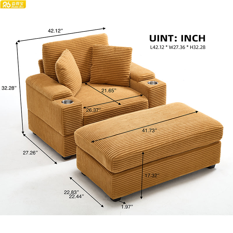 Luxury Design Single Striped Fabric Modular Storage Square Chaise Sofa with Ottoman Cup Holder for Living Apartment Use